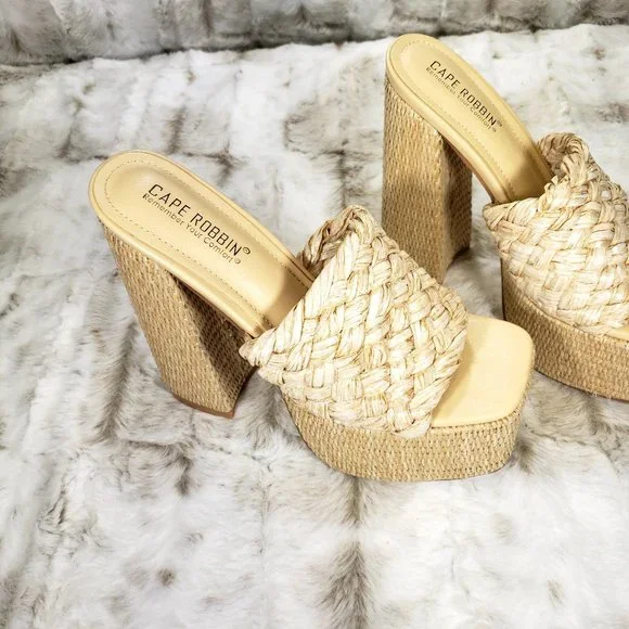 ☆ Cape Robbin Yara Nude Braided Strap High Block Heel Slip On Heeled Sandals - Picture 6 of 15